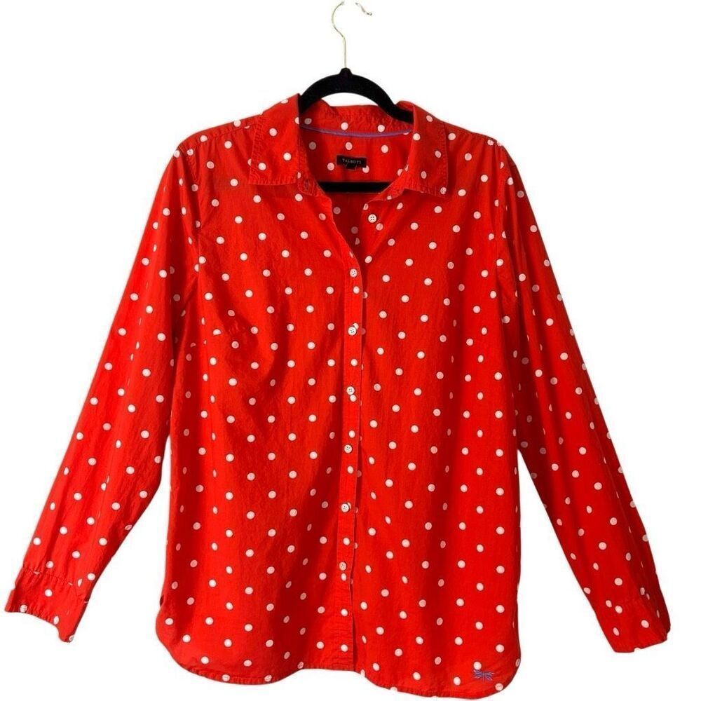 Talbots L red orange & white polka dot cotton button up collared shirt